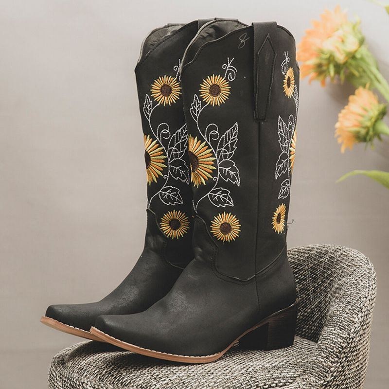 Plus Size Damer Retro Solros Broderade Chunky Heel Cowboystövlar Med Mitten Kalv