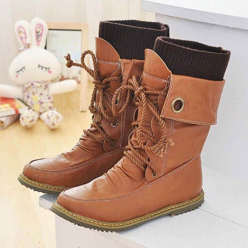 Plus Size Kvinnor Casual Woolen Splicing Snörning Platta Mid Calf Boots