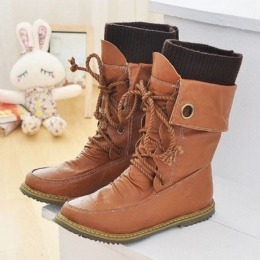 Plus Size Kvinnor Casual Woolen Splicing Snörning Platta Mid Calf Boots