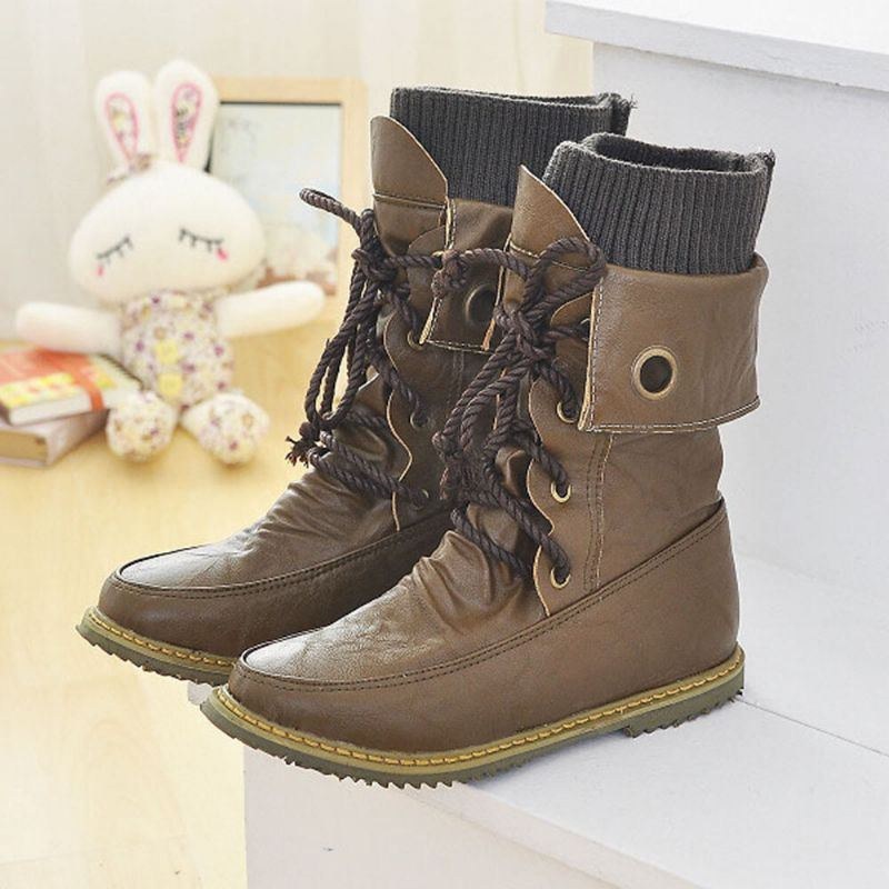 Plus Size Kvinnor Casual Woolen Splicing Snörning Platta Mid Calf Boots