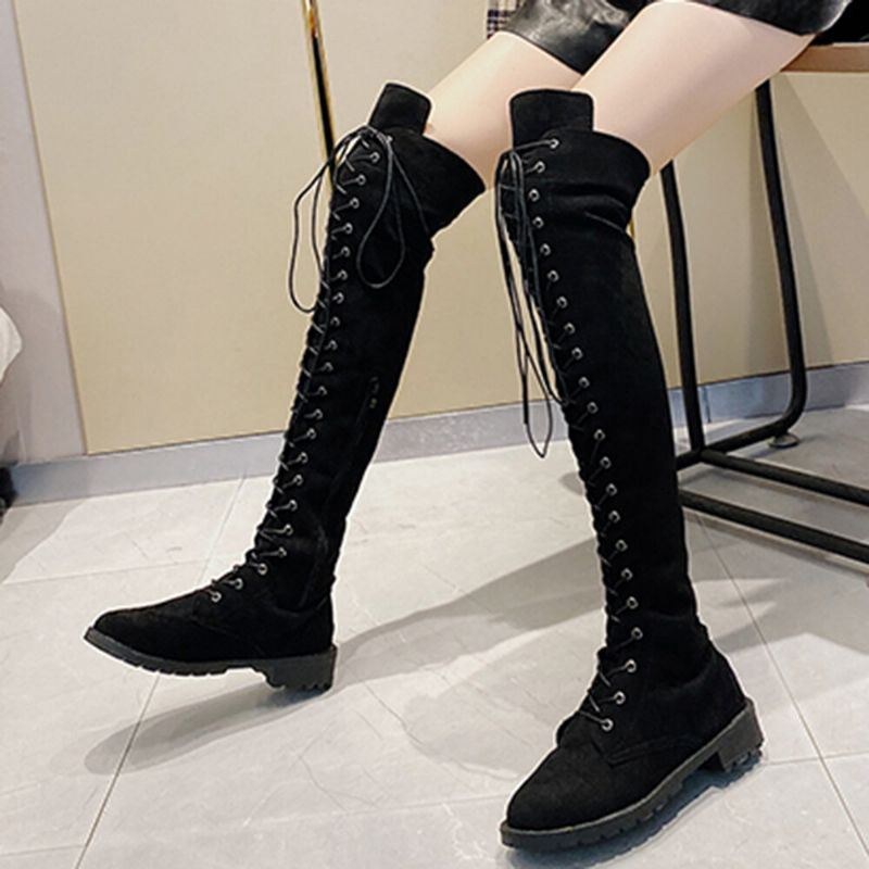 Plus Size Kvinnor Cross Straps Sido Dragkedja Låg Klack Knä Boots