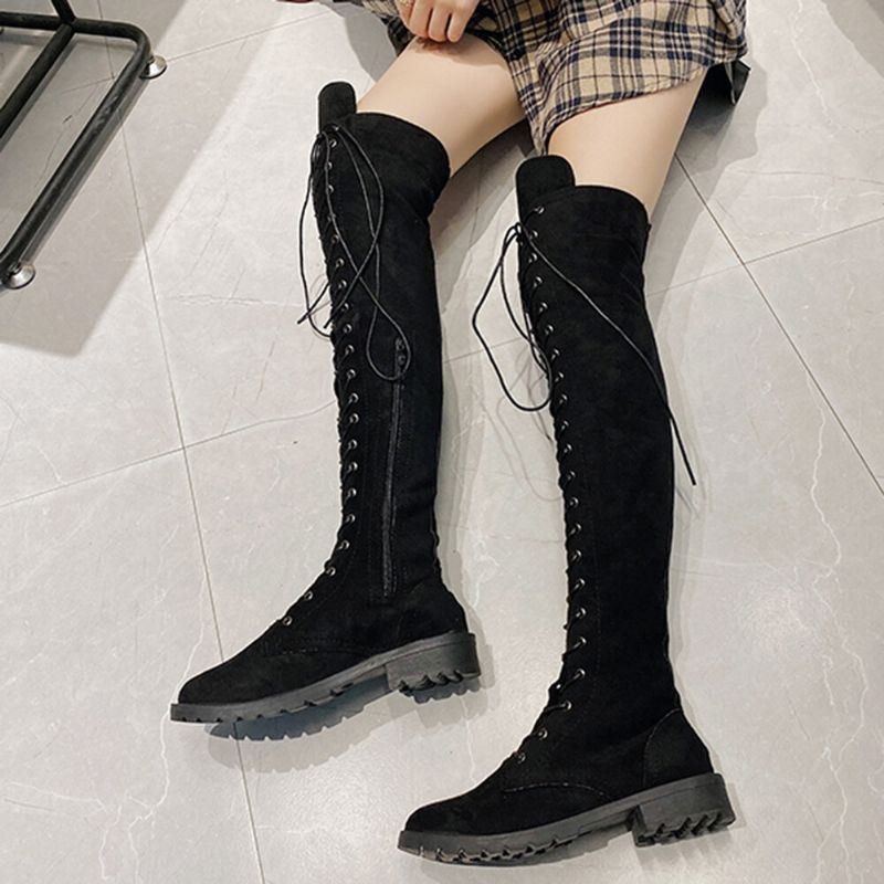 Plus Size Kvinnor Cross Straps Sido Dragkedja Låg Klack Knä Boots