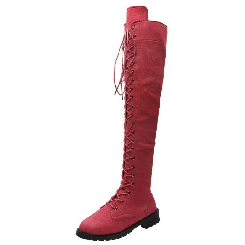 Plus Size Kvinnor Cross Straps Sido Dragkedja Låg Klack Knä Boots