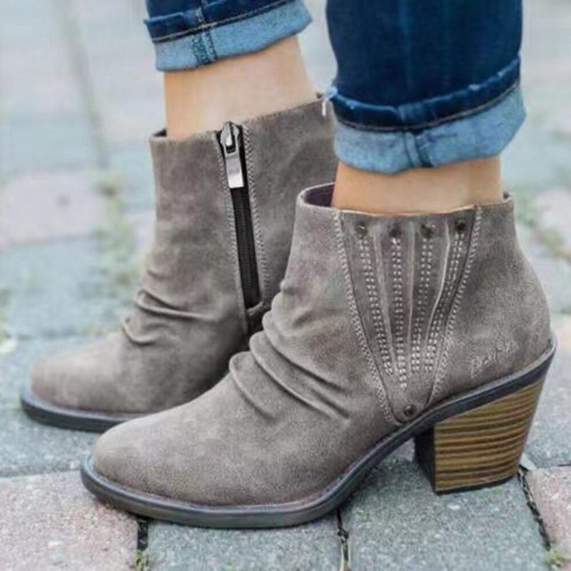 Stor Storlek Dam Casual Retro Sido-dragkedja Chunky Heel Boots