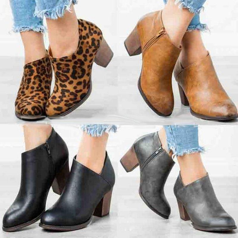 Stor Storlek Dam Leopard Clog Hög Chunky Heel Ankel Boots