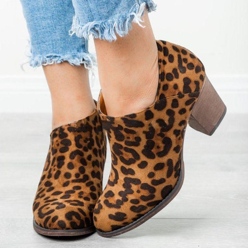 Stor Storlek Dam Leopard Clog Hög Chunky Heel Ankel Boots