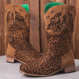 Stor Storlek Dam Retro Etnisk Bekväm Fyrkantig Tå Leopard Cowboystövlar