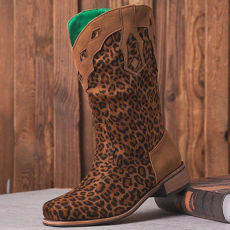 Stor Storlek Dam Retro Etnisk Bekväm Fyrkantig Tå Leopard Cowboystövlar