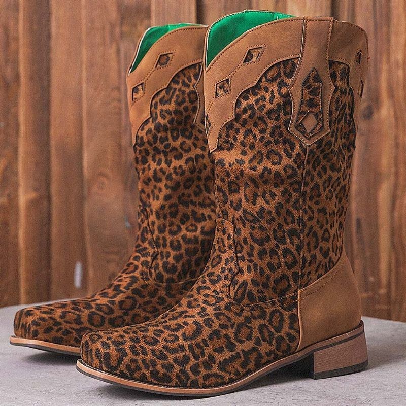 Stor Storlek Dam Retro Etnisk Bekväm Fyrkantig Tå Leopard Cowboystövlar