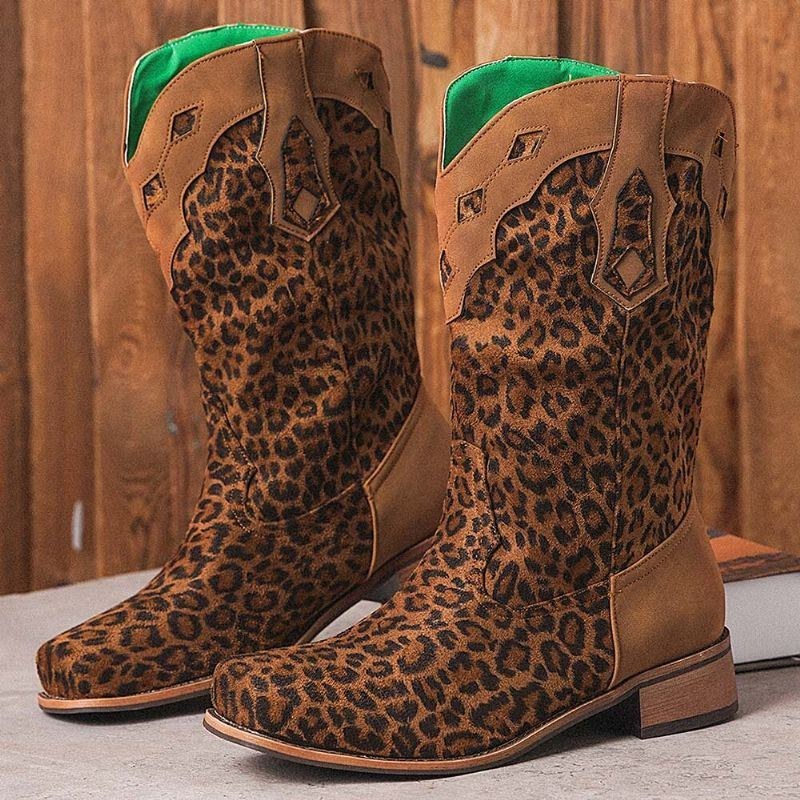 Stor Storlek Dam Retro Etnisk Bekväm Fyrkantig Tå Leopard Cowboystövlar