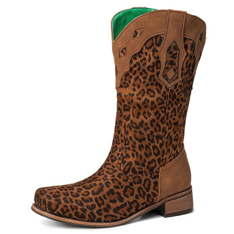 Stor Storlek Dam Retro Etnisk Bekväm Fyrkantig Tå Leopard Cowboystövlar