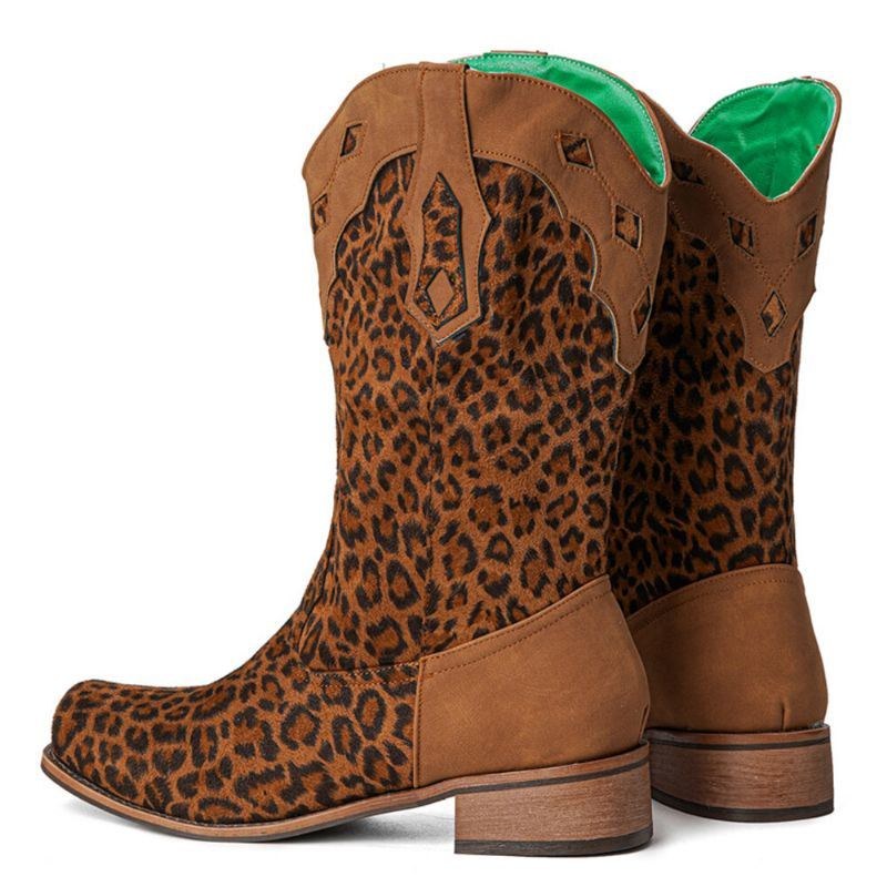 Stor Storlek Dam Retro Etnisk Bekväm Fyrkantig Tå Leopard Cowboystövlar