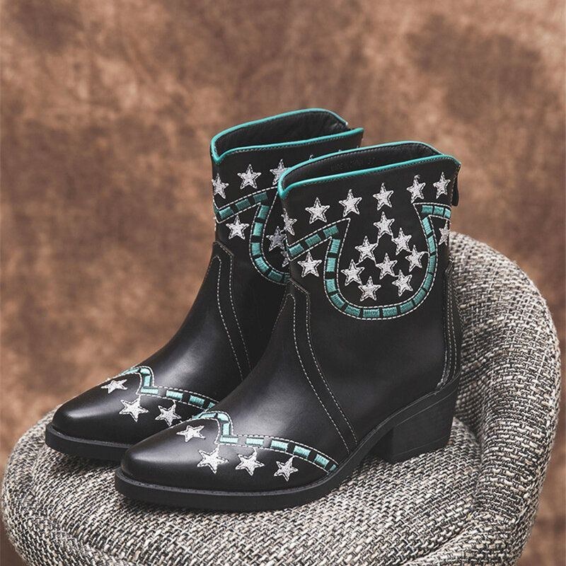 Women's Folkways Stars Mönster Spetsad Tå Chunky Heel Casual Short Boots