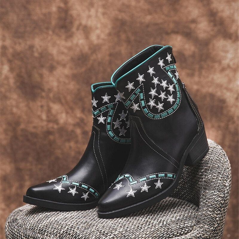 Women's Folkways Stars Mönster Spetsad Tå Chunky Heel Casual Short Boots