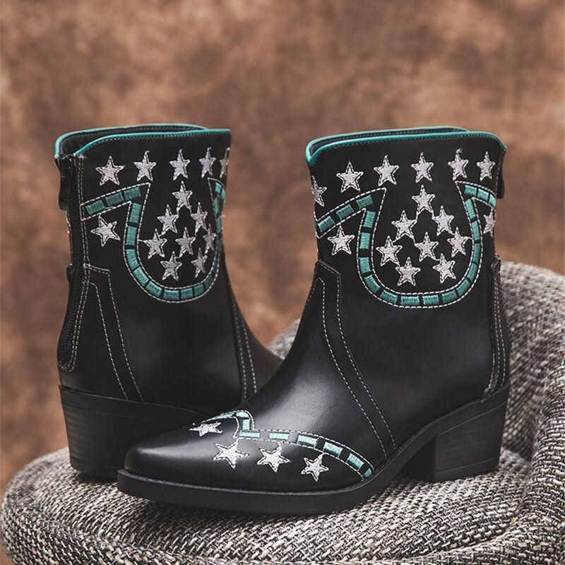 Women's Folkways Stars Mönster Spetsad Tå Chunky Heel Casual Short Boots