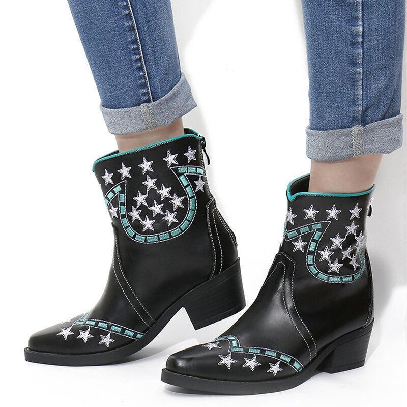 Women's Folkways Stars Mönster Spetsad Tå Chunky Heel Casual Short Boots