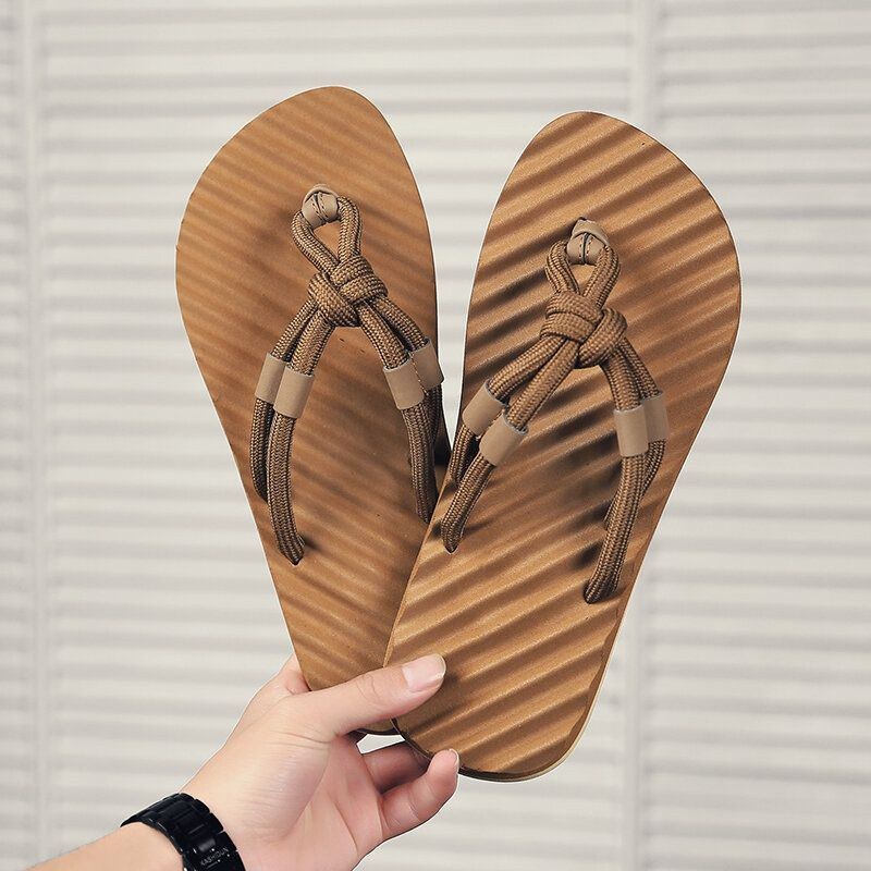 Herr Andas Vävda Skosnören Mjuk Botten Halkfri Bekväma Flip Flops Casual Tofflor