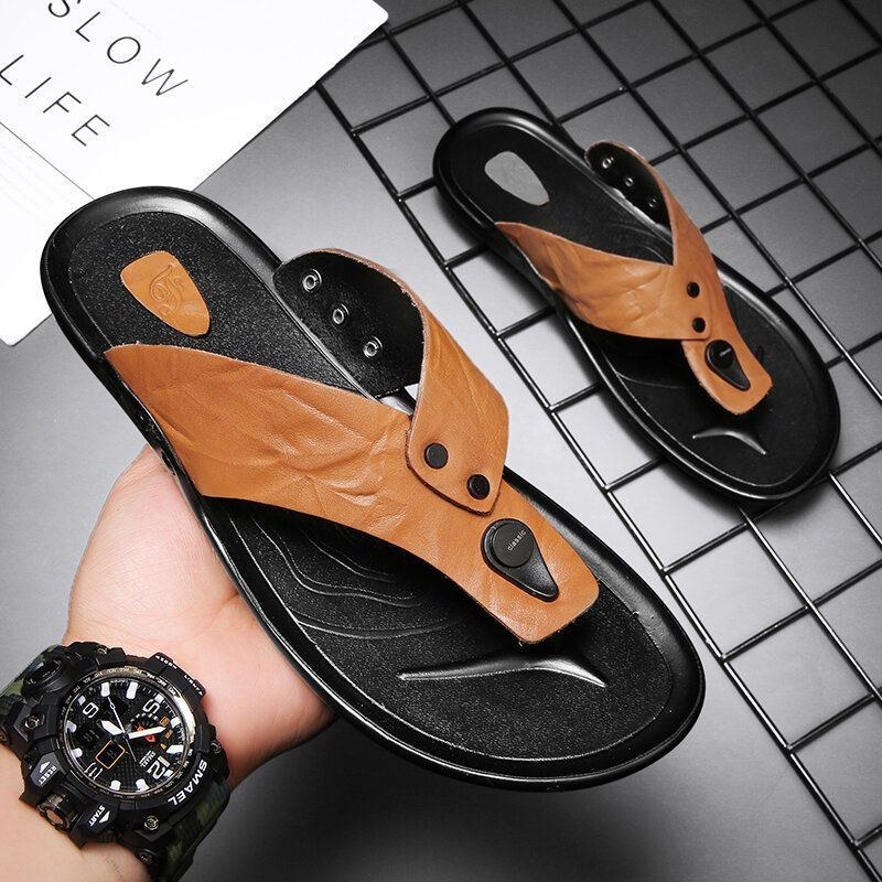 Herr Läder Andas Mjuk Sula Halkfri Bekväma Utomhus Flip Flops Casual Tofflor