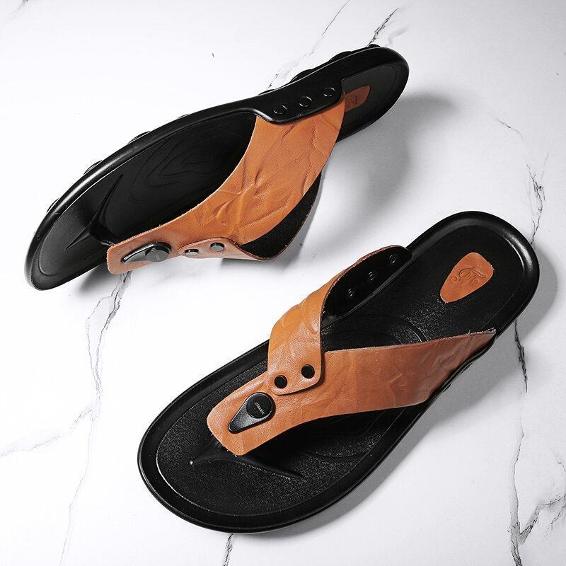 Herr Läder Andas Mjuk Sula Halkfri Bekväma Utomhus Flip Flops Casual Tofflor