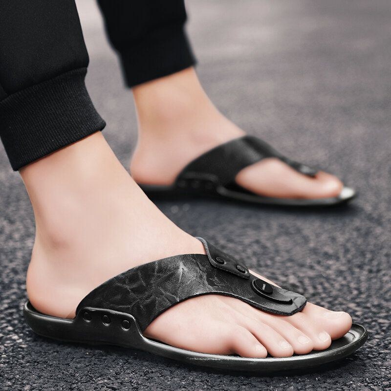 Herr Läder Andas Mjuk Sula Halkfri Bekväma Utomhus Flip Flops Casual Tofflor