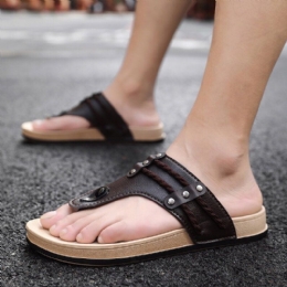 Läder För Män Andas Bekväma Halkfria Flip Flops Casual Strandtofflor