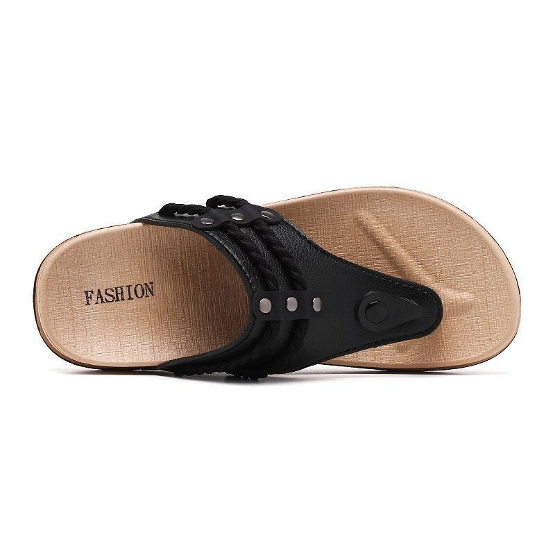 Läder För Män Andas Bekväma Halkfria Flip Flops Casual Strandtofflor