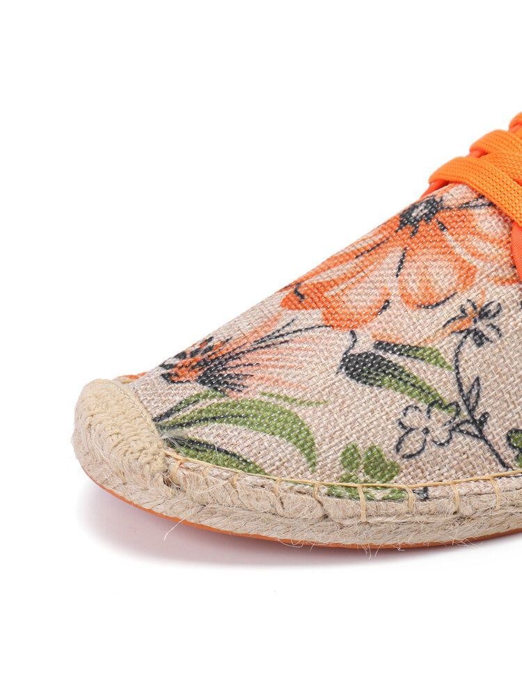 Blommigt Linnetyg För Damer Som Andas Bärbar Snörning Casual Espadrille-skor