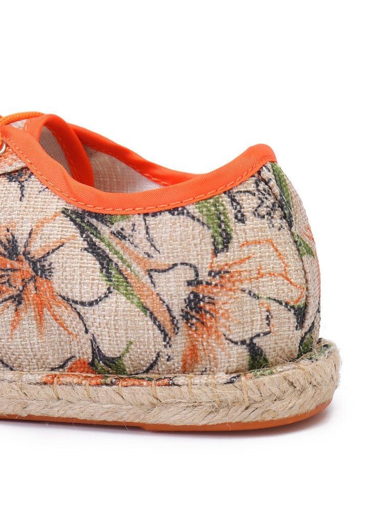 Blommigt Linnetyg För Damer Som Andas Bärbar Snörning Casual Espadrille-skor