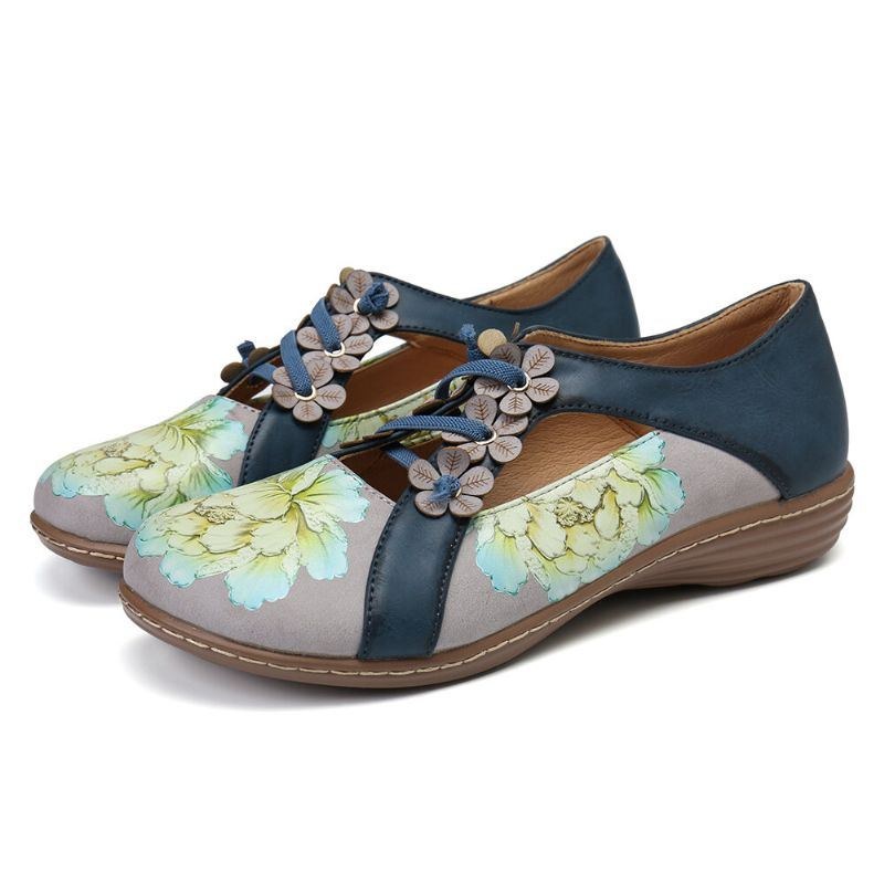 Blommönster För Damer Elastiskt Band Rund Tå Splicing Retro Casual Flats