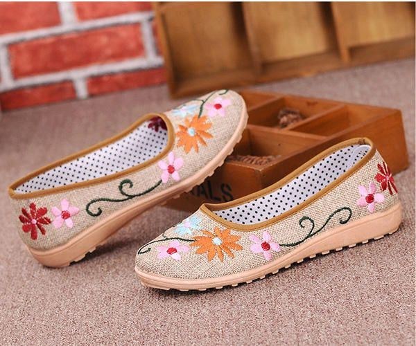 Blommor Broderade Platta Loafers I Kinesisk Stil För Kvinnor Mjuk Sula Linne Slip-ons