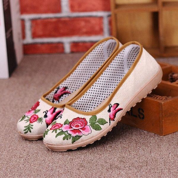 Blommor Broderade Platta Loafers I Kinesisk Stil För Kvinnor Mjuk Sula Linne Slip-ons