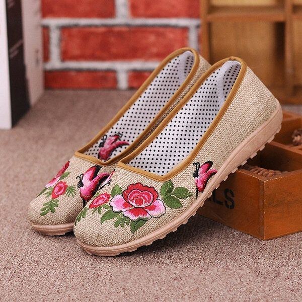 Blommor Broderade Platta Loafers I Kinesisk Stil För Kvinnor Mjuk Sula Linne Slip-ons