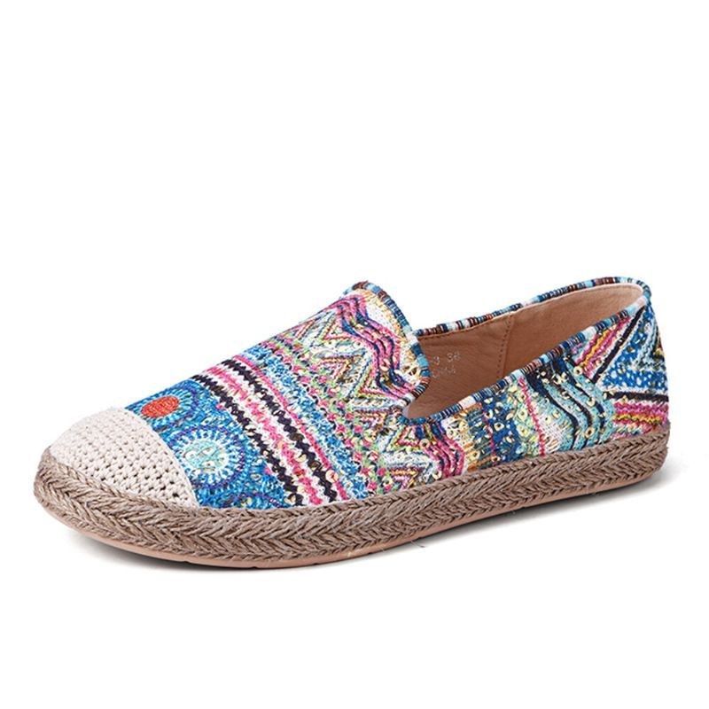 Bohemiskt Mönster För Kvinnor Ihåligt Nättyg Bekvämt Bärbart Slip On Casual Espadrille Platta Skor