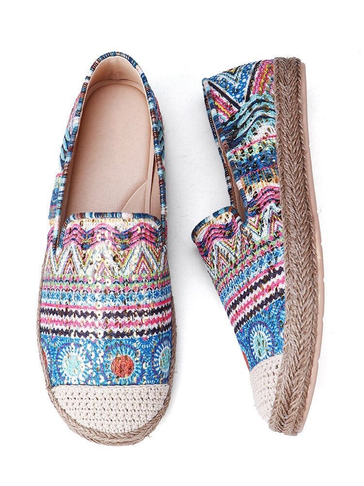 Bohemiskt Mönster För Kvinnor Ihåligt Nättyg Bekvämt Bärbart Slip On Casual Espadrille Platta Skor