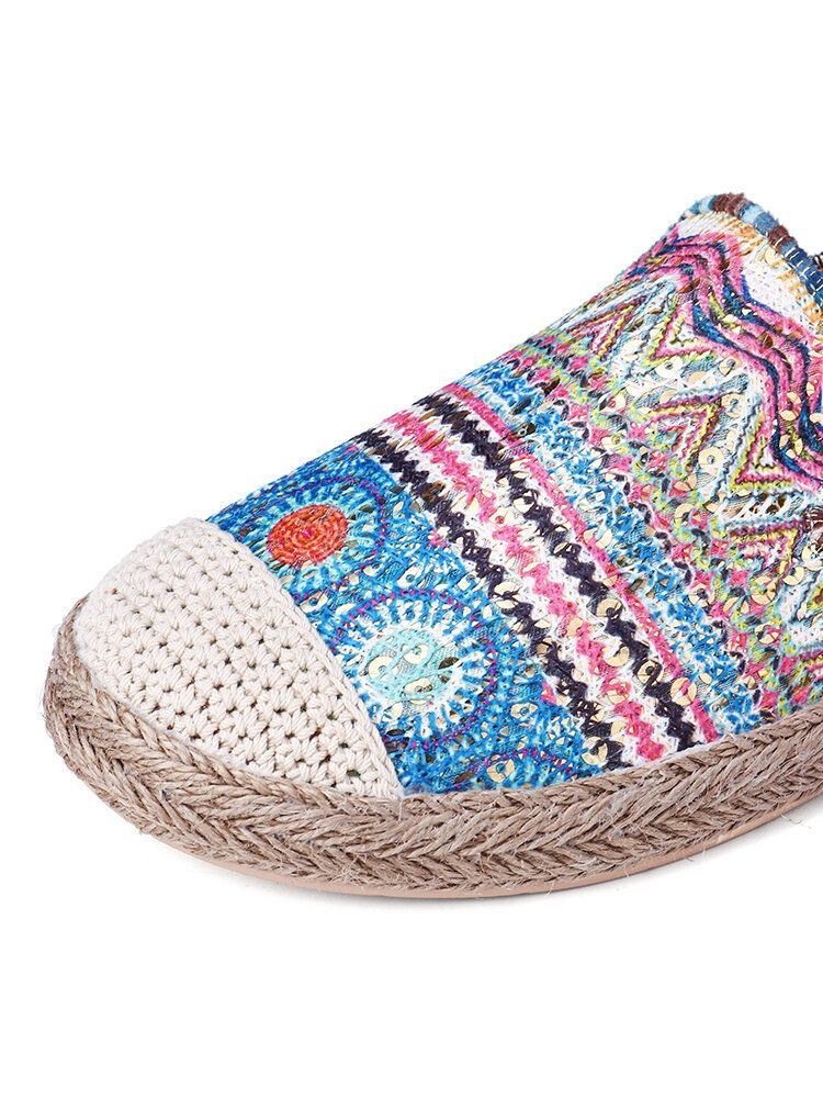 Bohemiskt Mönster För Kvinnor Ihåligt Nättyg Bekvämt Bärbart Slip On Casual Espadrille Platta Skor