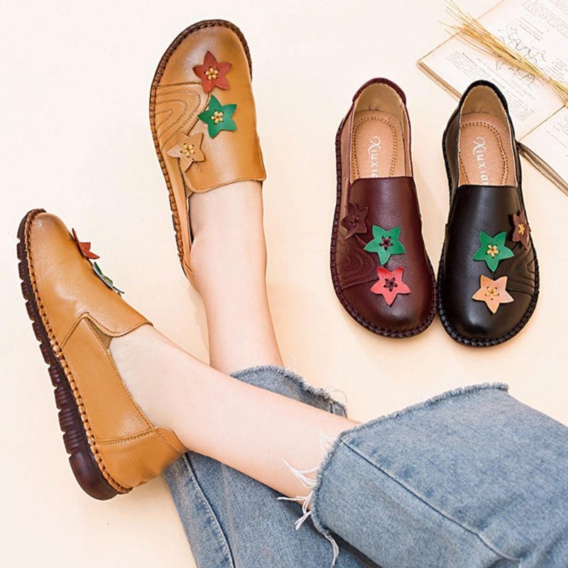 Casual Soft Star Flat Leather Loafers För Kvinnor