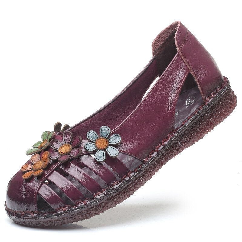 Dam Äkta Läder Andas Blomsterdekoration Retro Slip On Soft Flats