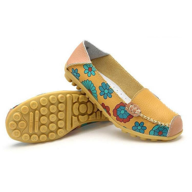 Dam Äkta Läder Blommönster Mjuk Sula Slip On Casual Flats