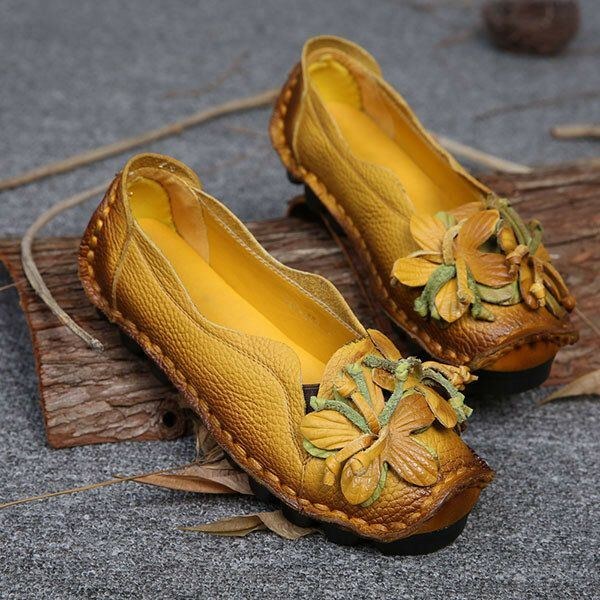 Dam Äkta Läder Handgjorda Dekorationsblommor Vintage Slip On Flats Loafers