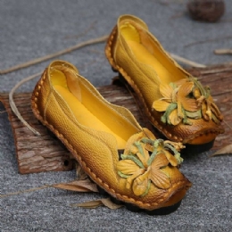 Dam Äkta Läder Handgjorda Dekorationsblommor Vintage Slip On Flats Loafers