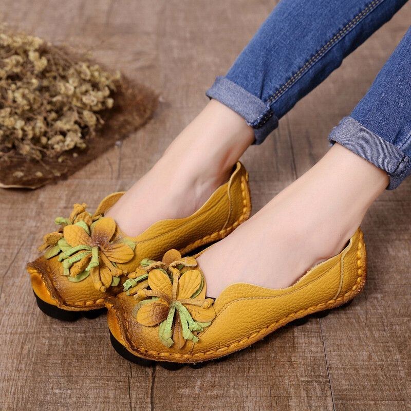 Dam Äkta Läder Handgjorda Dekorationsblommor Vintage Slip On Flats Loafers