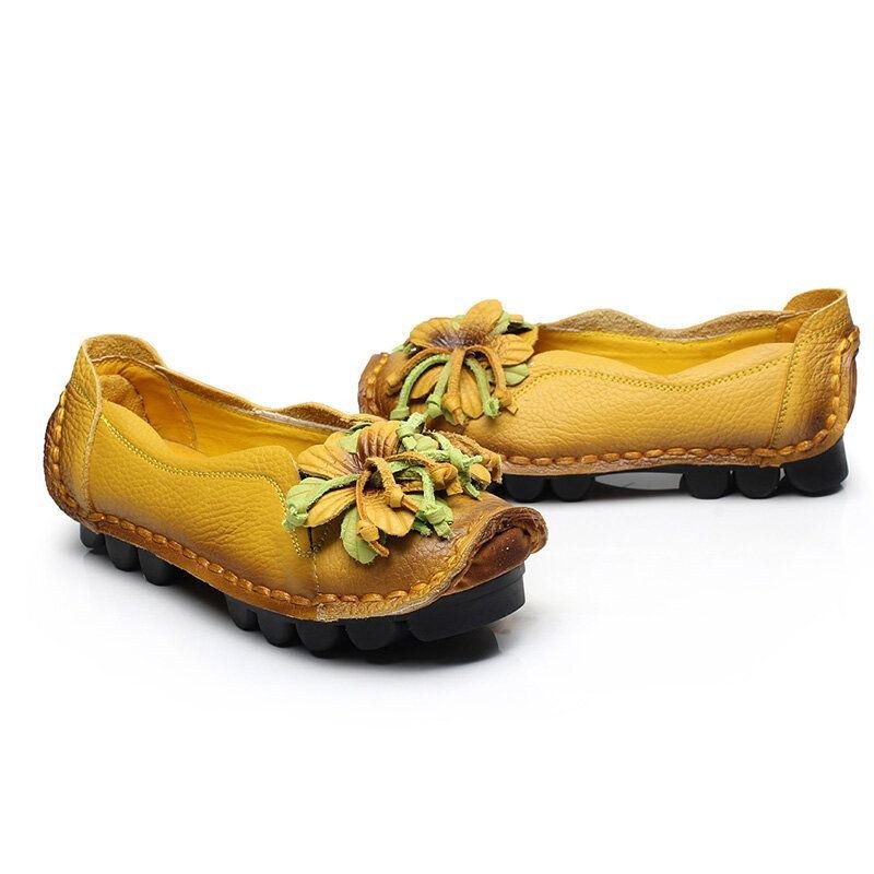 Dam Äkta Läder Handgjorda Dekorationsblommor Vintage Slip On Flats Loafers