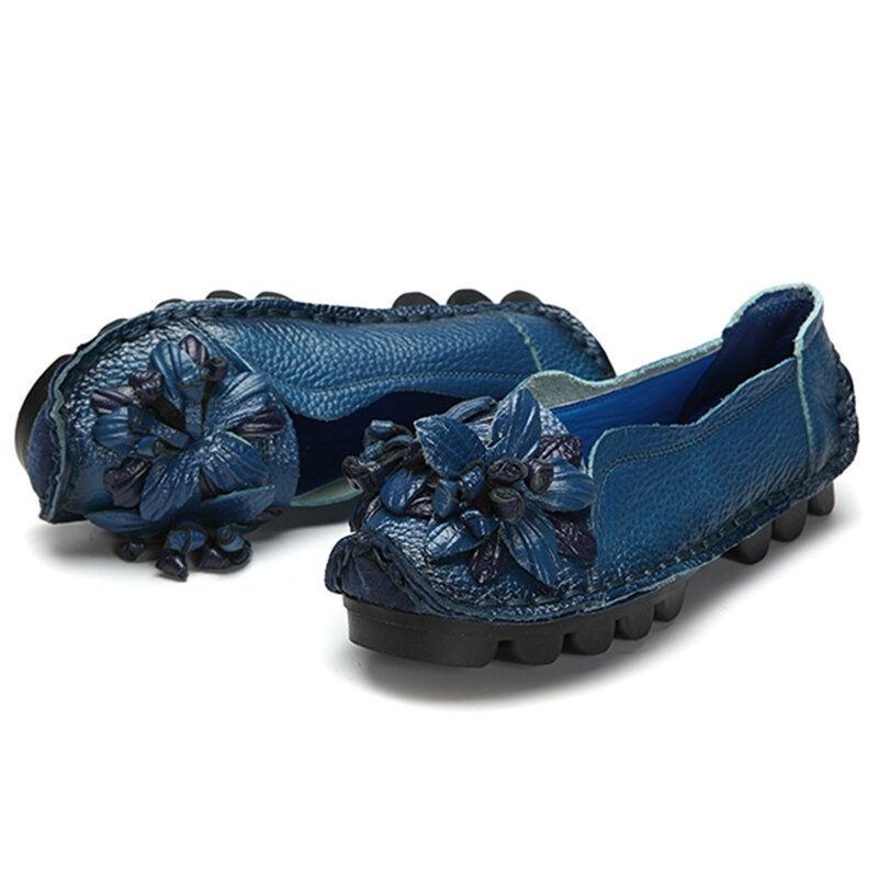 Dam Äkta Läder Handgjorda Dekorationsblommor Vintage Slip On Flats Loafers