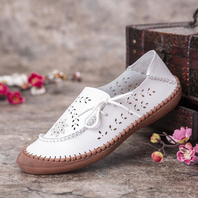 Dam Äkta Läder Plus Size Andas Ihålig Mjuk Sula Casual Flats Loafers