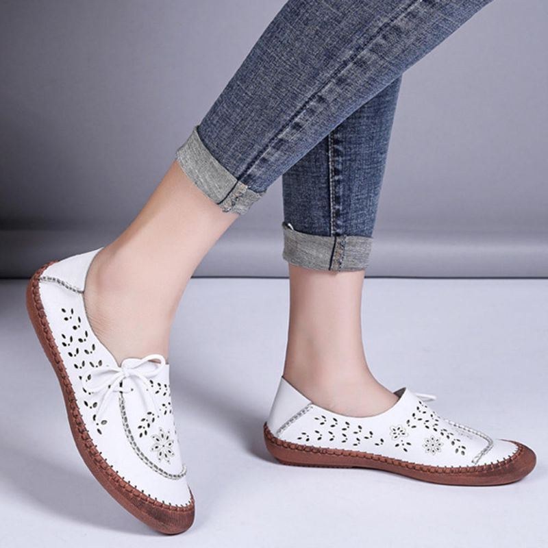 Dam Äkta Läder Plus Size Andas Ihålig Mjuk Sula Casual Flats Loafers