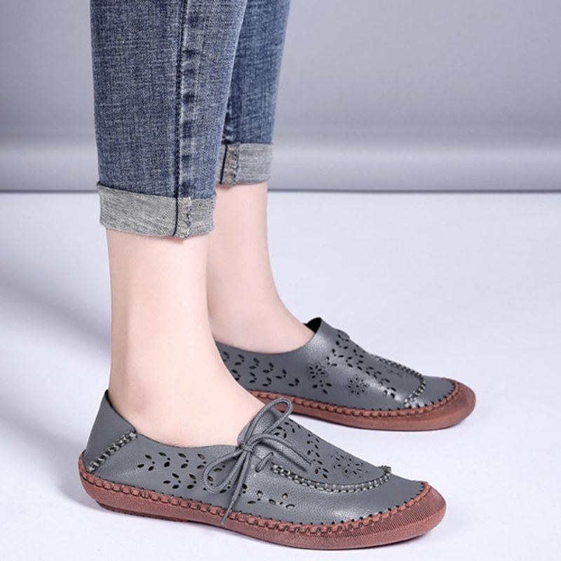 Dam Äkta Läder Plus Size Andas Ihålig Mjuk Sula Casual Flats Loafers