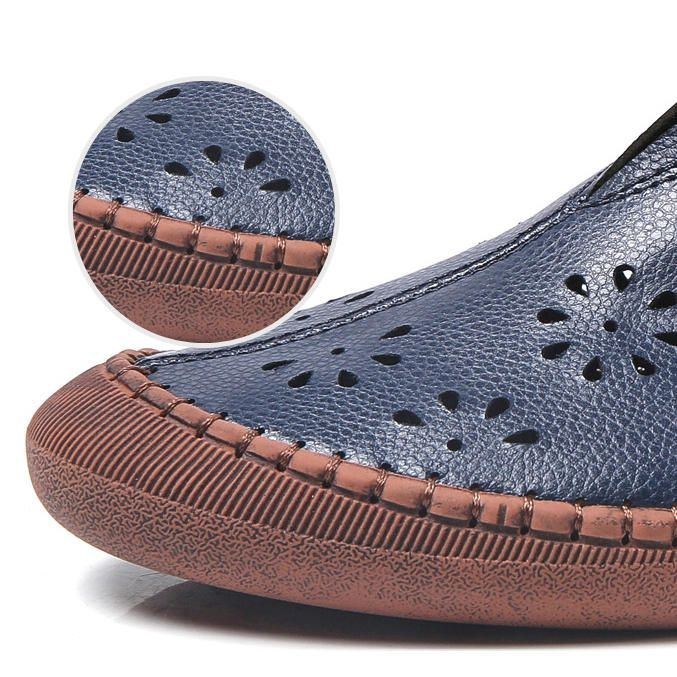 Dam Äkta Läder Slip On Elastiskt Band Andas Ihålig Fjäder Causal Flats Loafers