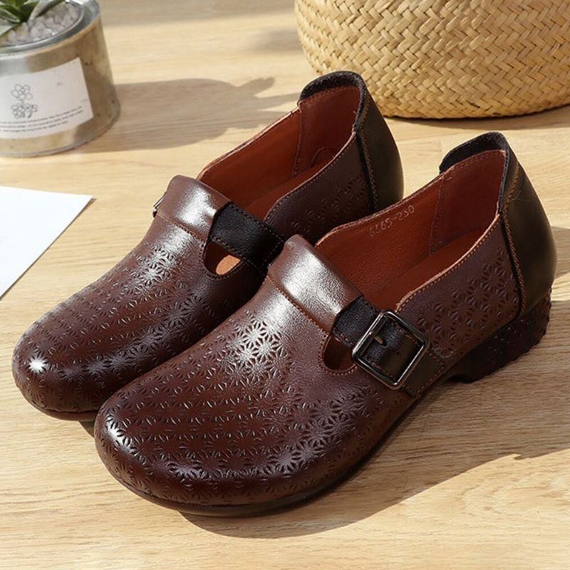 Dam Bekväm Mjuk Andas Ihåliga Bärbara Spänne Casual Leather Loafers