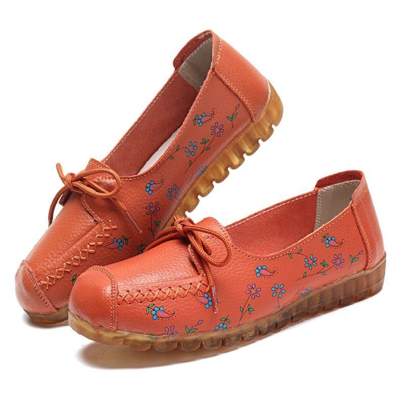 Dam Bowknot Blommor Utskrift Bekväm Halkfri Mjuk Sula Casual Leather Loafers