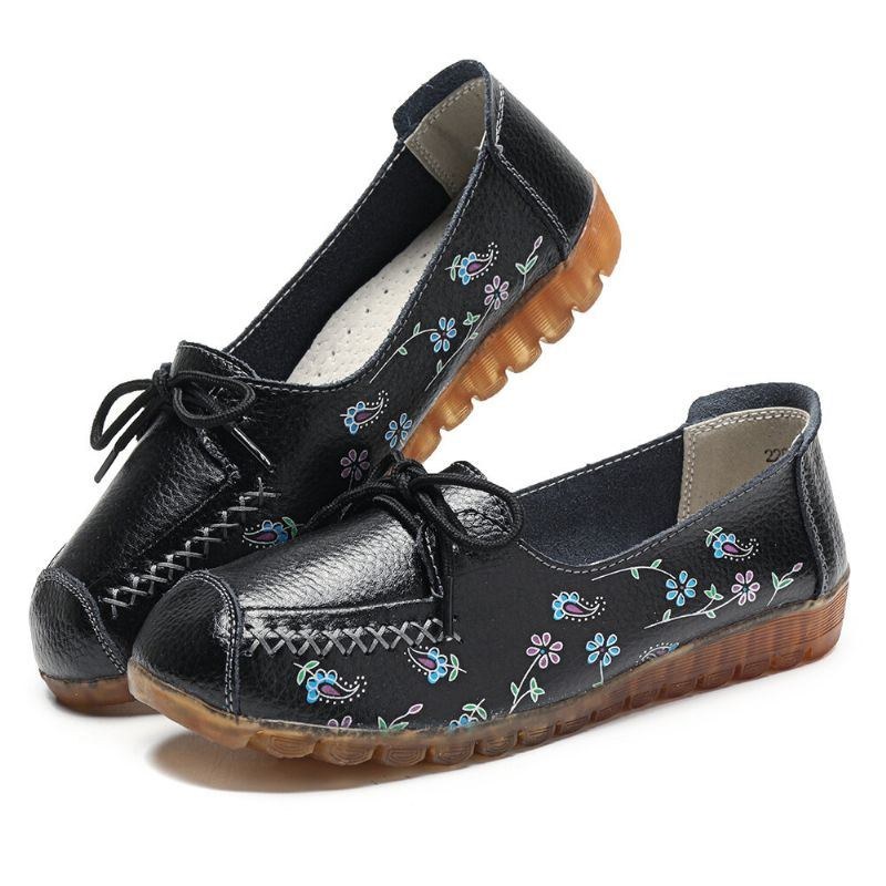 Dam Bowknot Blommor Utskrift Bekväm Halkfri Mjuk Sula Casual Leather Loafers